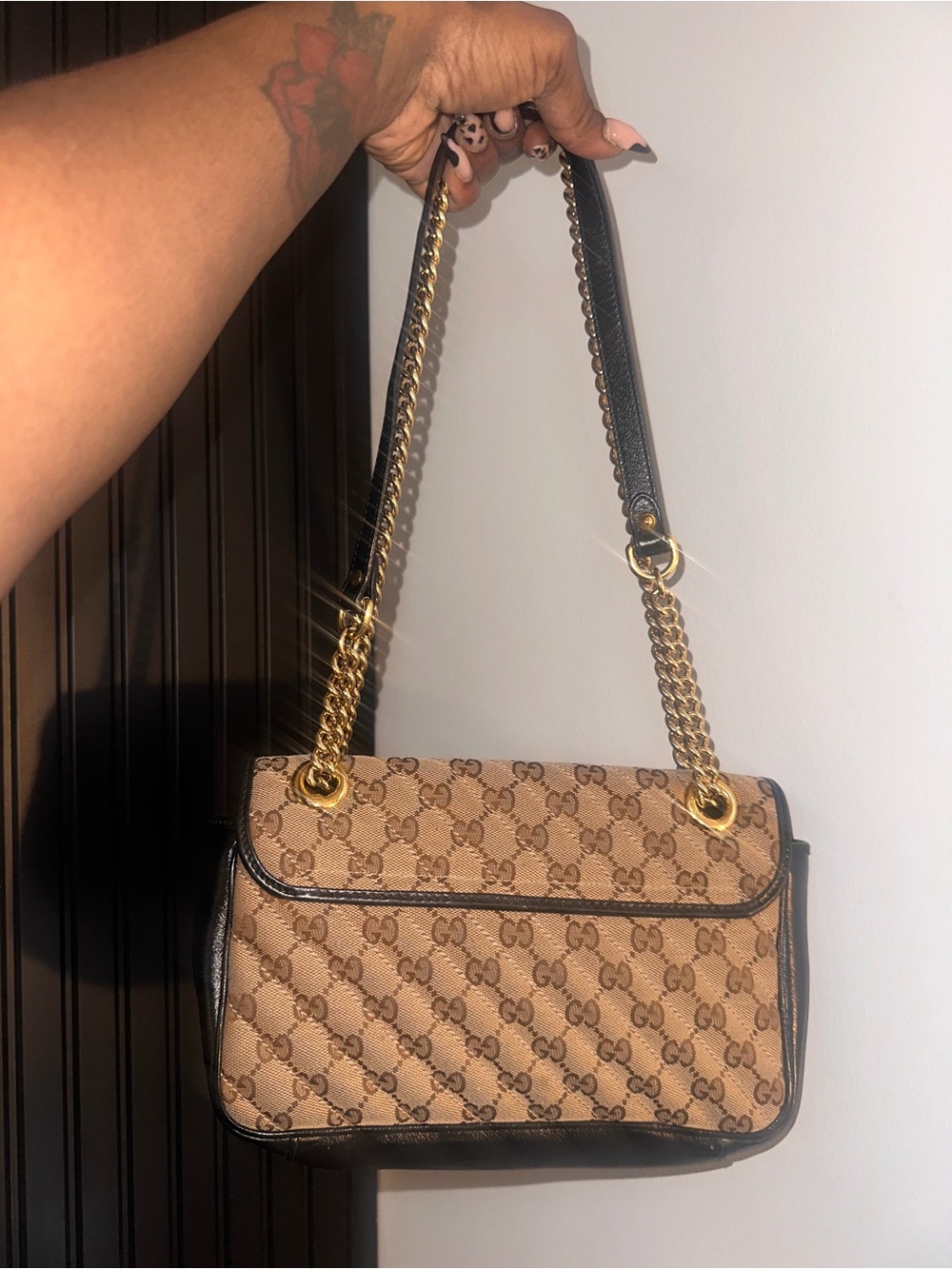 Gucci Brown Beige GG Canvas Shoulder Bag with Gold Chain - Picture 5 of 5